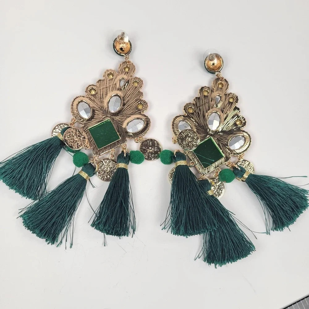 Huge Emerald Green Tassel Chandelier Earrings Rhinestone Dangle Boho Jewelry